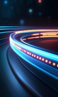 Curved light trails with glowing blue and orange streaks against dark background create dynamic motion effect, suggesting high-speed data transfer or future technology.