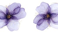Delicate purple watercolor flowers with gold speckles on white background, transparent petals create ethereal botanical art suitable for wedding stationery.