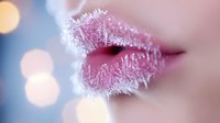 Frozen pink lips covered in delicate ice crystals against blurred winter bokeh background, showcasing extreme close-up macro photography for beauty and cosmetic advertising.