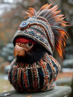 Eagle wearing knitted winter hat and scarf with mohawk design in orange and gray colors, close-up portrait showing beak and eye details against blurred background.