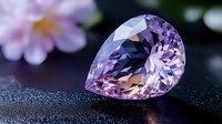 Pear-shaped purple amethyst gemstone on dark textured surface with soft floral background, showcasing brilliant facets and light reflection. Luxury jewelry concept.