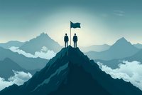 Two silhouetted figures stand triumphantly atop mountain peak with flag against dramatic misty mountain range backdrop in turquoise tones, symbolizing achievement.