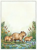 Capybara family with babies in wetland habitat surrounded by aquatic plants and flowers on textured paper background for nature themed designs.