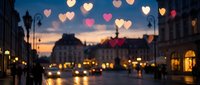 Romantic heart-shaped bokeh lights over blurred European city square at sunset creating dreamy Valentine's Day atmosphere for love and romance concepts.