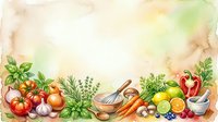 Watercolor frame with fresh vegetables, herbs and spices arranged around border. Organic produce including tomatoes, peppers, garlic and citrus for cooking.