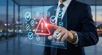 Professional businessman in dark suit pointing at glowing red warning triangle surrounded by digital checkmarks in modern office environment at dusk.
