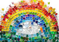 Vibrant mosaic rainbow with colorful glass tiles arranged in curved arcs against white sky background, featuring spectrum of bright hues in artistic pattern.