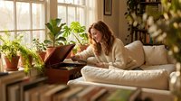 Young woman with long wavy hair in cozy cream sweater relaxing on sofa with laptop in sunlit living room filled with green houseplants by large windows.