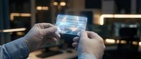 Businessman hands holding transparent digital tablet with holographic interface display in modern office environment for futuristic technology concepts.