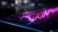 Digital tablet displaying purple neon financial data charts and graphs with glowing effects for business analytics and market research presentations.