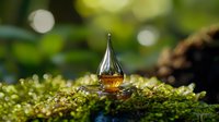 Amber liquid drop in crystal bottle on green moss with bokeh background, magical forest atmosphere for fantasy and nature concepts.