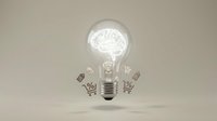 Light bulb with glowing brain inside surrounded by shopping cart icons representing creative marketing ideas and consumer psychology concepts.
