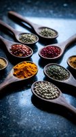 Colorful spices and herbs in wooden spoons arranged on dark stone surface for cooking and seasoning culinary ingredients collection.