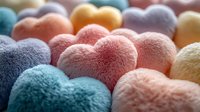 Soft plush hearts in pastel colors create romantic background pattern. Fuzzy velvet texture and gentle shadows add depth to multicolored heart shapes.