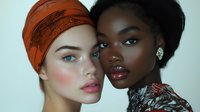 Two women with contrasting skin tones and striking features pose together, one wearing an orange headwrap and the other with elegant earrings, against a neutral background.