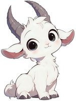 Cute baby goat character with big eyes and horns on white background, cartoon style illustration for children books and merchandise designs.