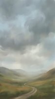 Winding road through rolling green valley with dramatic stormy clouds overhead, misty mountains in distance, moody atmospheric landscape for travel and nature designs.