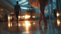 Ballerina on pointe in shopping mall with warm sunset light, silhouette of man walking in background, reflective floor creating dramatic atmosphere.