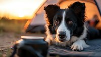 Border Collie dog lying near camping tent at sunset, warm golden light illuminating black and white fur, focused eyes watching coffee mug in foreground.