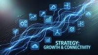 Strategy growth and connectivity concept with glowing blue digital icons representing analytics, networking, and business expansion on dark tech background.