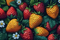 Vibrant red and golden strawberries with detailed texture pattern among lush green leaves and small white flowers, perfect for food packaging, menu design or summer themed projects.