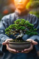 Asian man in traditional clothing holding miniature bonsai tree in ceramic pot. Shallow depth of field with focus on detailed green foliage and twisted trunk.