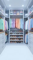 Organized walk-in closet with pastel clothing on hangers, folded garments in cubbies, and shoes displayed on shelves. Interior design and home organization storage solution.