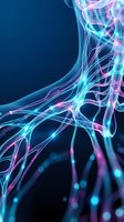 Glowing neural network with blue and pink light streams on dark background, depicting futuristic data flow and brain connectivity concept.