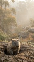 Adorable wombat sitting on rocky ground in misty Australian wilderness during golden hour sunrise with eucalyptus trees and natural landscape background.