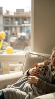 Person holding small tan chihuahua on comfortable sofa near window overlooking urban construction site with workers wearing safety equipment and yellow helmets.
