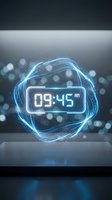 Futuristic digital clock display with glowing blue neon effects and light particles on modern tech background for time management concepts.