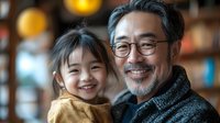 Asian grandfather with glasses embracing smiling granddaughter in cozy home setting. Warm family bonding moment showing intergenerational love and connection.