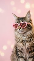 Adorable Maine Coon kitten wearing pink heart-shaped sunglasses on dreamy bokeh background for Valentine's Day greeting cards and romantic designs.