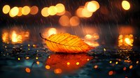 Fallen autumn leaf in rain with golden bokeh lights reflecting on wet surface, moody evening atmosphere creates magical natural ambiance.