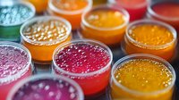 Colorful fruit juice drinks in plastic cups with bubbles on top, refreshing summer beverages in orange, red and pink colors arranged in rows, soft focus.