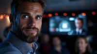 Professional Caucasian businessman with beard smiling confidently in modern office environment with blurred colleagues and warm lighting atmosphere.