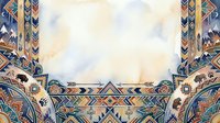 Young woman with South Asian ethnicity wearing traditional ornate jewelry and embroidered clothing, positioned against symmetrical architectural backdrop with geometric patterns and decorative borders, suitable for cultural fashion and heritage design projects.