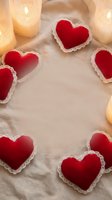Red velvet heart-shaped cookies with white lace trim arranged in circle on marble surface with warm candle lighting for romantic Valentine's Day celebration.