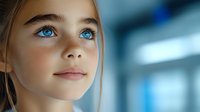 Young Caucasian girl with striking blue eyes and natural makeup gazes upward with hopeful expression against blurred blue background, capturing innocence and wonder.