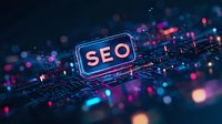 Glowing SEO text on digital circuit board with blue and pink bokeh lights creating futuristic technology background for marketing and optimization concepts.