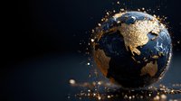 Luxurious Earth globe with golden continents and dark blue oceans floating against black background with glowing particles and sparkles creating magical atmosphere.
