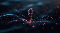 Glowing location pin icon floating over dark abstract digital landscape with red and blue particles, bokeh effect and light waves. Futuristic navigation concept.