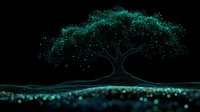 Magical glowing tree silhouette against dark background with sparkling turquoise lights and luminescent particles creating ethereal nighttime landscape.