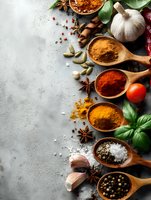 Colorful spices in wooden spoons with garlic, basil, and tomato on gray concrete background, arranged as cooking ingredients for culinary use.
