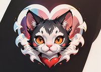 Cute black and white cat face with orange eyes framed by decorative heart shape and swirling smoke elements on dark background, romantic fantasy art style.