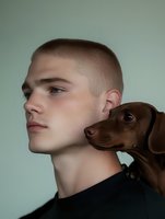 Young Caucasian man with buzz cut hairstyle holding brown dachshund dog in profile portrait showing bond between pet owner and companion animal.