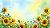 Watercolor sunflower border frame with wildflowers and herbs on pastel sky background for greeting cards, invitations and summer designs.