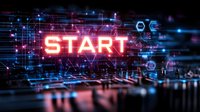 Glowing red START text on futuristic digital circuit background with blue light effects and tech elements for business launch concept.