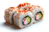Fresh California roll with crab meat, cucumber, rice topped with orange tobiko caviar on white background. Close up view of Japanese cuisine sushi.