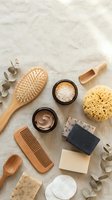 Natural spa and wellness flat lay with wooden hairbrush, organic soaps, sea salt scrub, natural sponge and eucalyptus on neutral linen background.